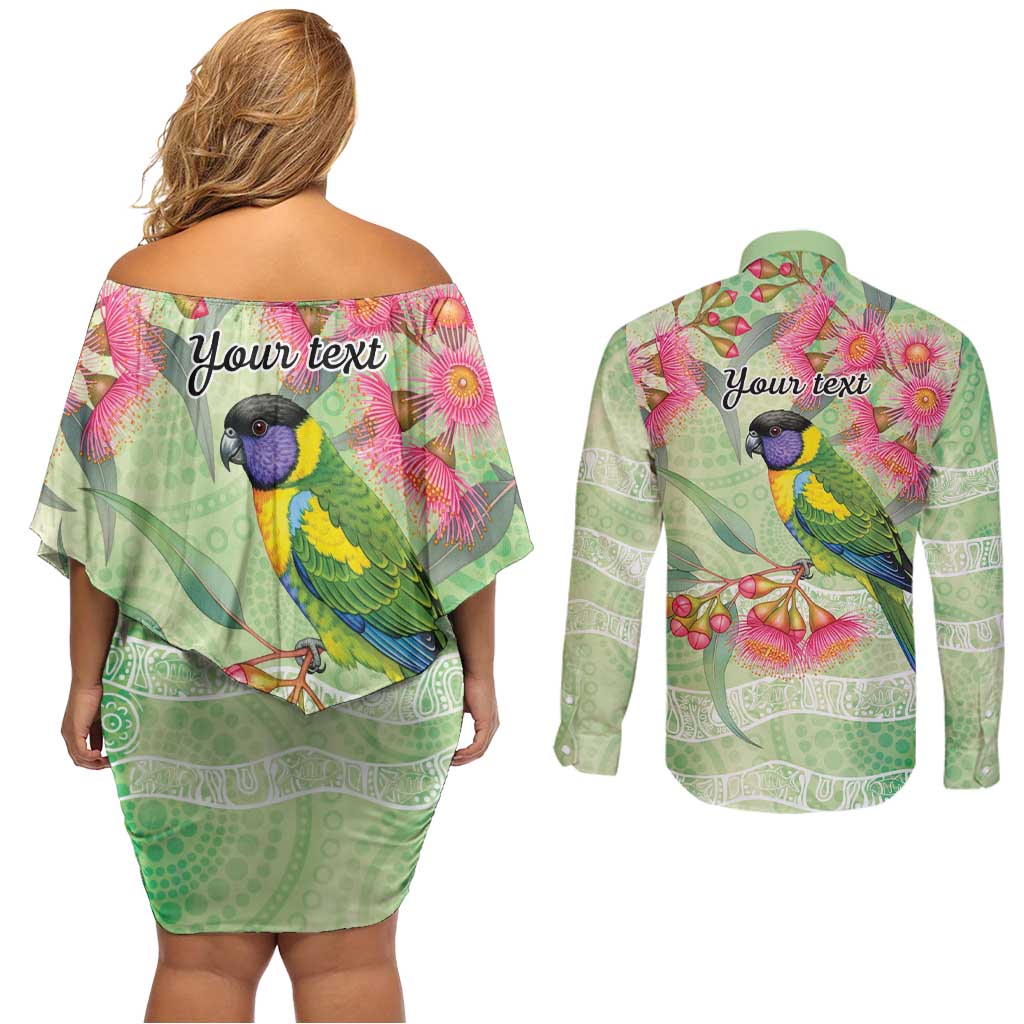 Australian Rainbow Lorikeet and Eucalyptus Couples Matching Off Shoulder Short Dress and Long Sleeve Button Shirt Spirit of Aussie Aboriginal Dot Art - Aussie Hoodie