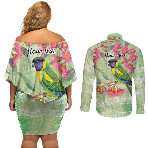 Australian Rainbow Lorikeet and Eucalyptus Couples Matching Off Shoulder Short Dress and Long Sleeve Button Shirt Spirit of Aussie Aboriginal Dot Art - Aussie Hoodie