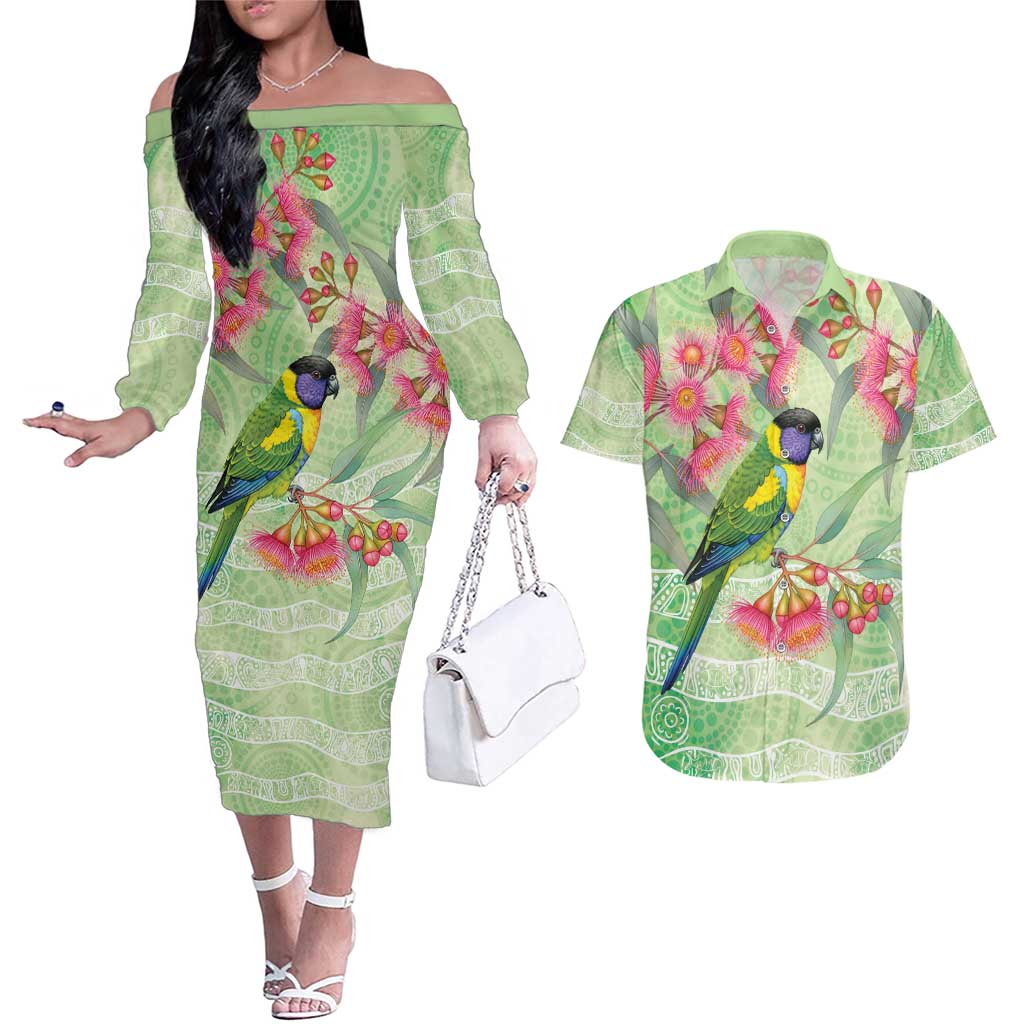 Australian Rainbow Lorikeet and Eucalyptus Couples Matching Off The Shoulder Long Sleeve Dress and Hawaiian Shirt Spirit of Aussie Aboriginal Dot Art - Aussie Hoodie