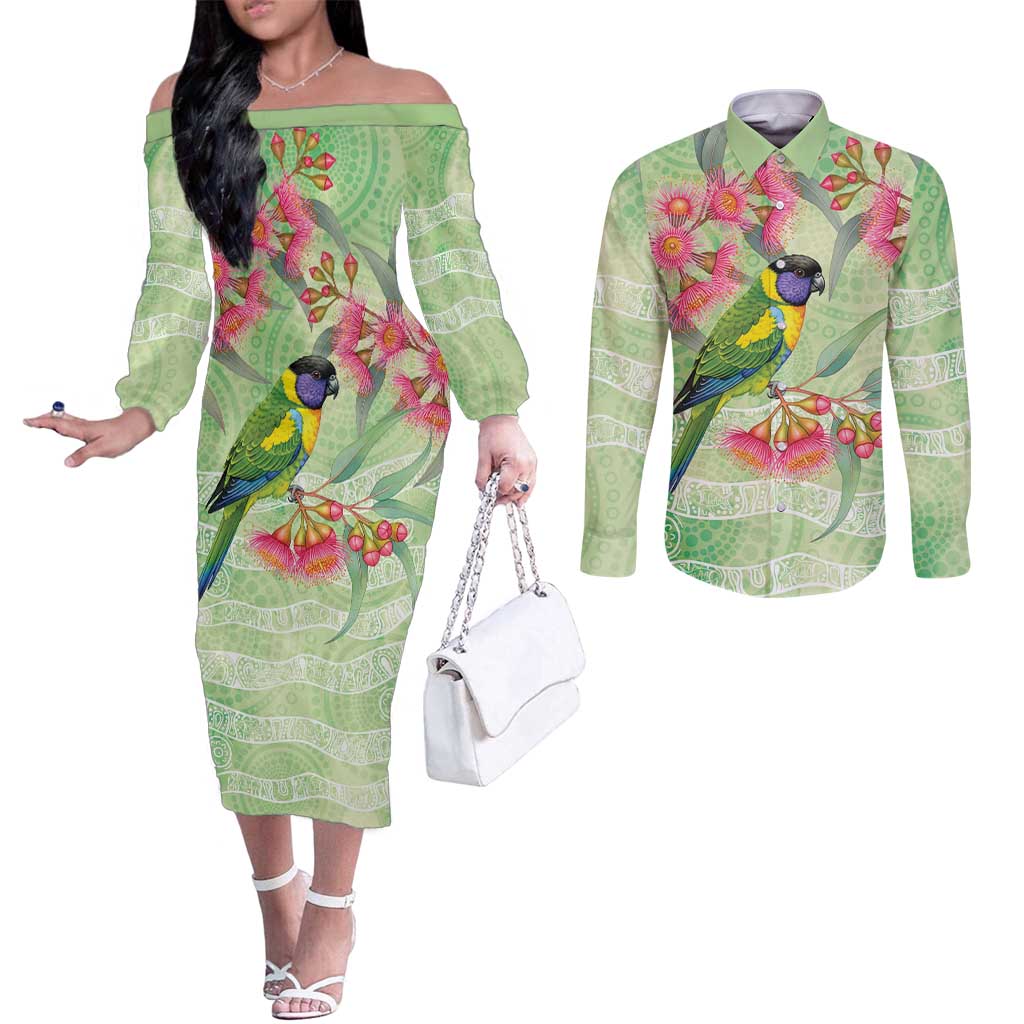 Australian Rainbow Lorikeet and Eucalyptus Couples Matching Off The Shoulder Long Sleeve Dress and Long Sleeve Button Shirt Spirit of Aussie Aboriginal Dot Art - Aussie Hoodie