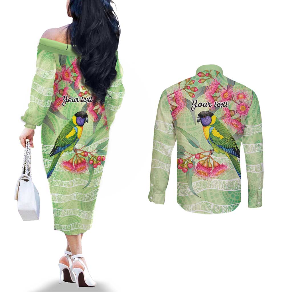 Australian Rainbow Lorikeet and Eucalyptus Couples Matching Off The Shoulder Long Sleeve Dress and Long Sleeve Button Shirt Spirit of Aussie Aboriginal Dot Art - Aussie Hoodie