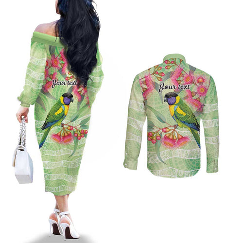 Australian Rainbow Lorikeet and Eucalyptus Couples Matching Off The Shoulder Long Sleeve Dress and Long Sleeve Button Shirt Spirit of Aussie Aboriginal Dot Art - Aussie Hoodie