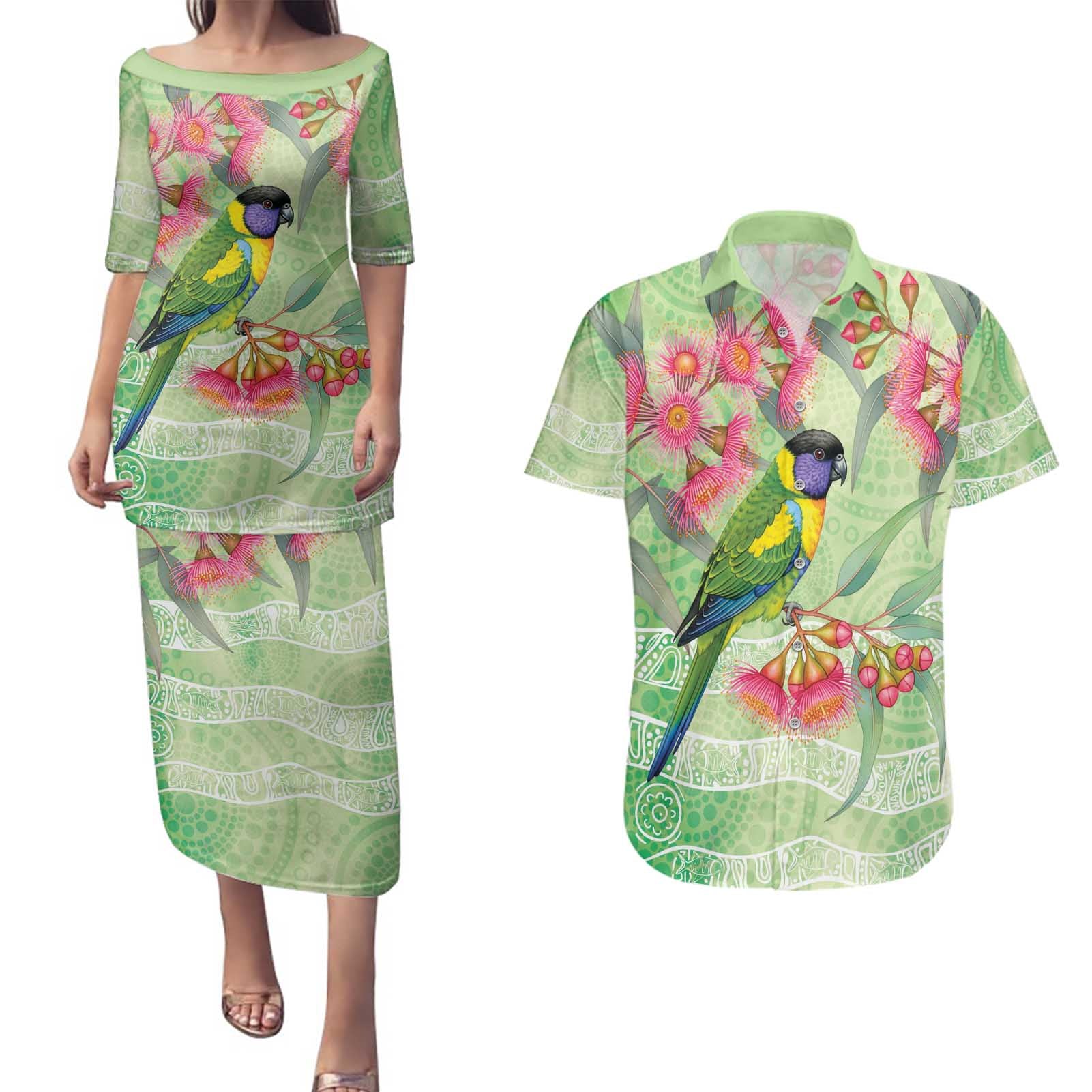 Australian Rainbow Lorikeet and Eucalyptus Couples Matching Puletasi and Hawaiian Shirt Spirit of Aussie Aboriginal Dot Art - Aussie Hoodie