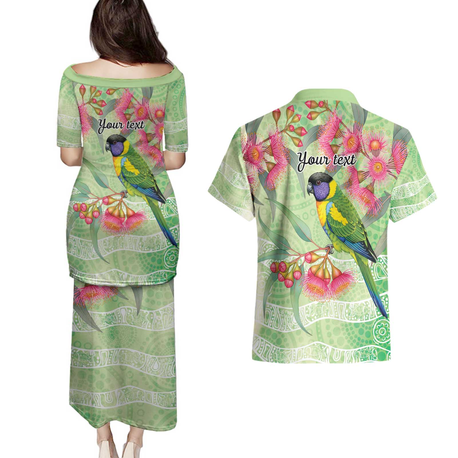 Australian Rainbow Lorikeet and Eucalyptus Couples Matching Puletasi and Hawaiian Shirt Spirit of Aussie Aboriginal Dot Art - Aussie Hoodie