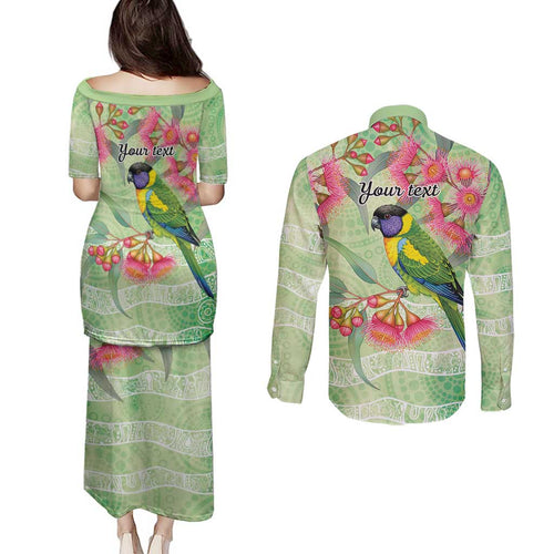 Australian Rainbow Lorikeet and Eucalyptus Couples Matching Puletasi and Long Sleeve Button Shirt Spirit of Aussie Aboriginal Dot Art - Aussie Hoodie
