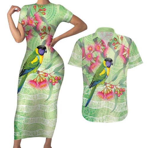 Australian Rainbow Lorikeet and Eucalyptus Couples Matching Short Sleeve Bodycon Dress and Hawaiian Shirt Spirit of Aussie Aboriginal Dot Art - Aussie Hoodie
