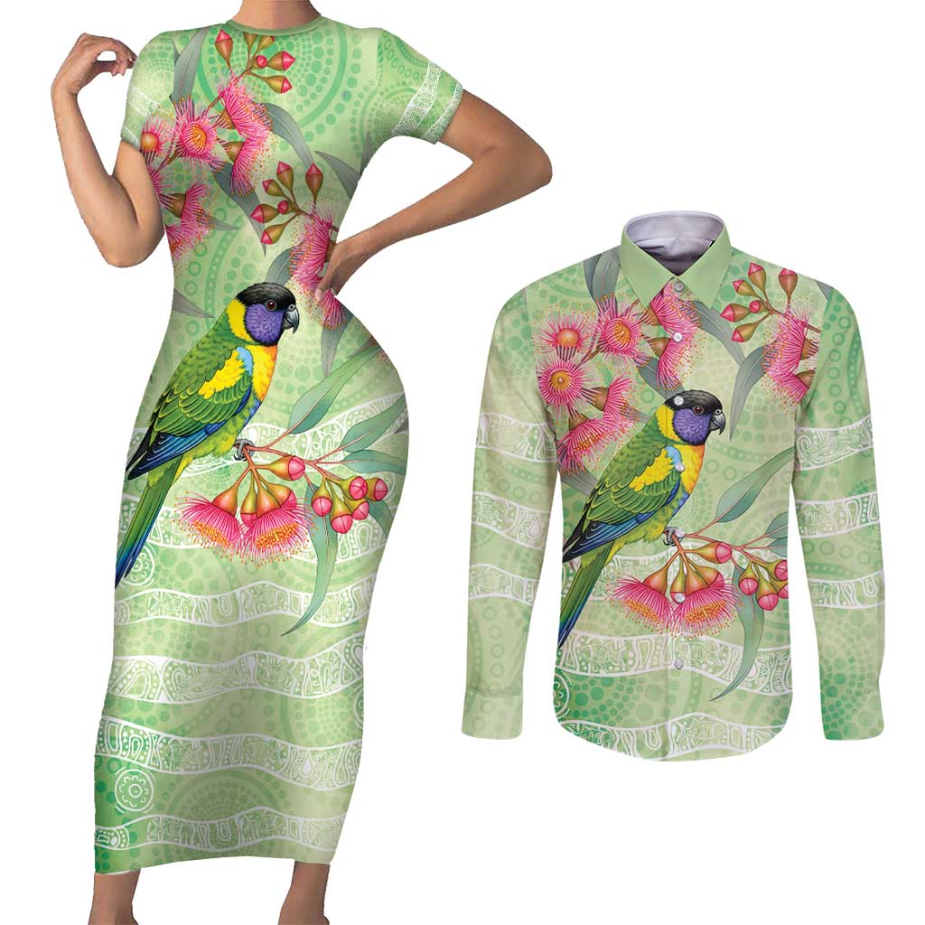 Australian Rainbow Lorikeet and Eucalyptus Couples Matching Short Sleeve Bodycon Dress and Long Sleeve Button Shirt Spirit of Aussie Aboriginal Dot Art - Aussie Hoodie