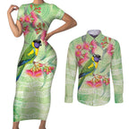 Australian Rainbow Lorikeet and Eucalyptus Couples Matching Short Sleeve Bodycon Dress and Long Sleeve Button Shirt Spirit of Aussie Aboriginal Dot Art - Aussie Hoodie