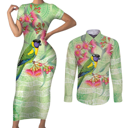 Australian Rainbow Lorikeet and Eucalyptus Couples Matching Short Sleeve Bodycon Dress and Long Sleeve Button Shirt Spirit of Aussie Aboriginal Dot Art - Aussie Hoodie