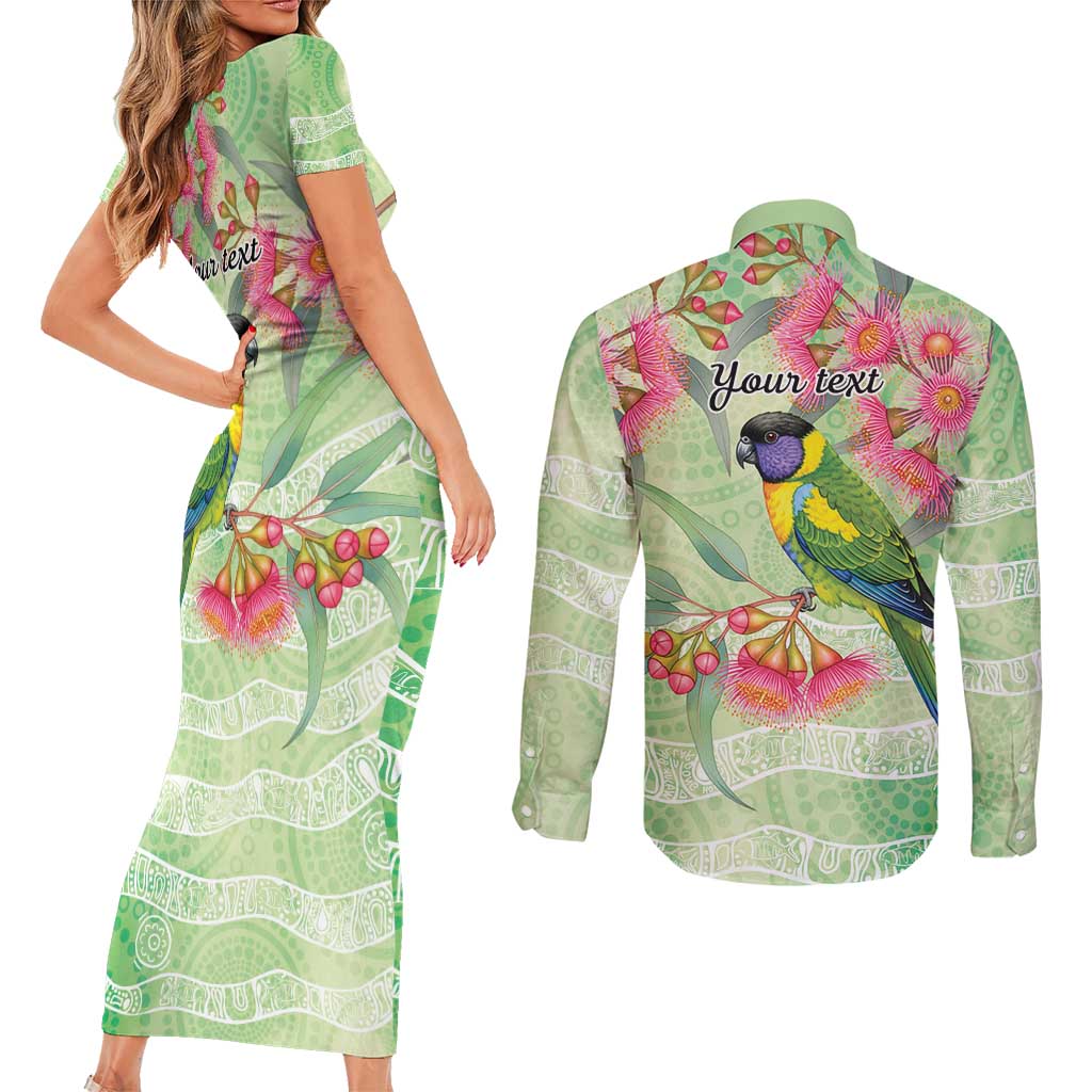 Australian Rainbow Lorikeet and Eucalyptus Couples Matching Short Sleeve Bodycon Dress and Long Sleeve Button Shirt Spirit of Aussie Aboriginal Dot Art - Aussie Hoodie