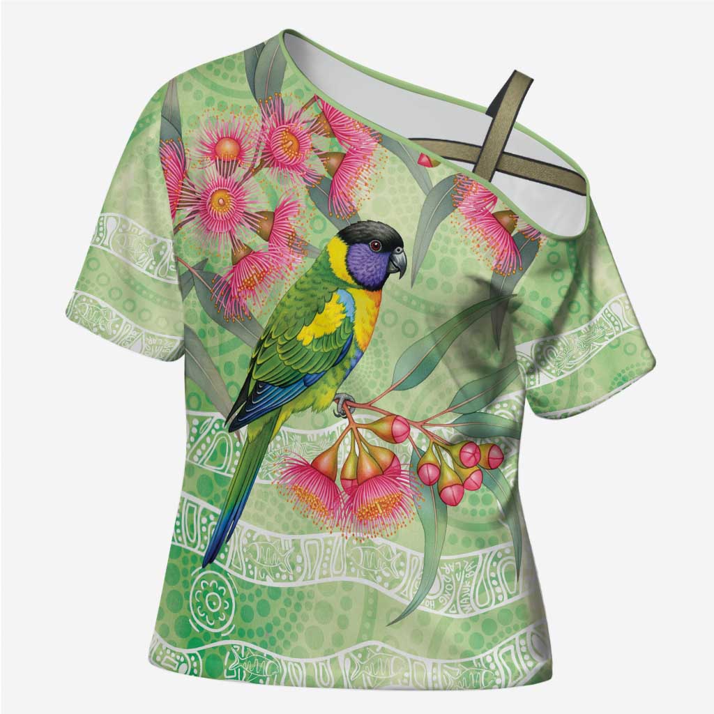 Australian Rainbow Lorikeet and Eucalyptus Cross Shoulder Shirt Spirit of Aussie Aboriginal Dot Art - Aussie Hoodie