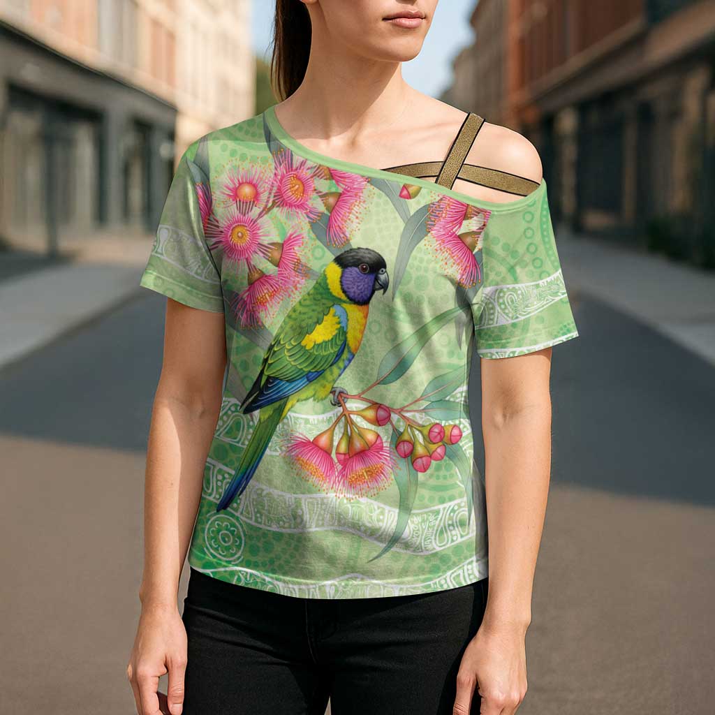 Australian Rainbow Lorikeet and Eucalyptus Cross Shoulder Shirt Spirit of Aussie Aboriginal Dot Art - Aussie Hoodie