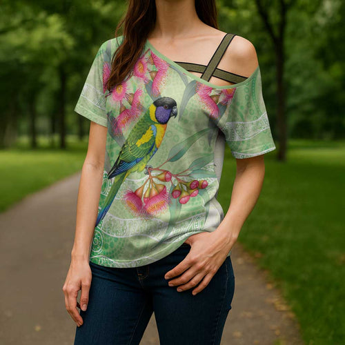 Australian Rainbow Lorikeet and Eucalyptus Cross Shoulder Shirt Spirit of Aussie Aboriginal Dot Art - Aussie Hoodie
