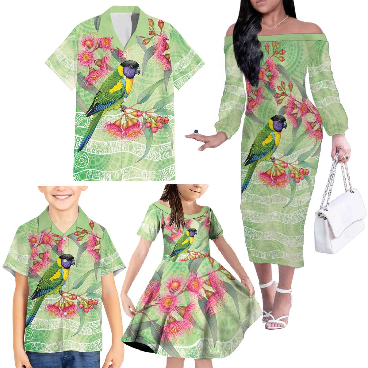Australian Rainbow Lorikeet and Eucalyptus Family Matching Off The Shoulder Long Sleeve Dress and Hawaiian Shirt Spirit of Aussie Aboriginal Dot Art - Aussie Hoodie