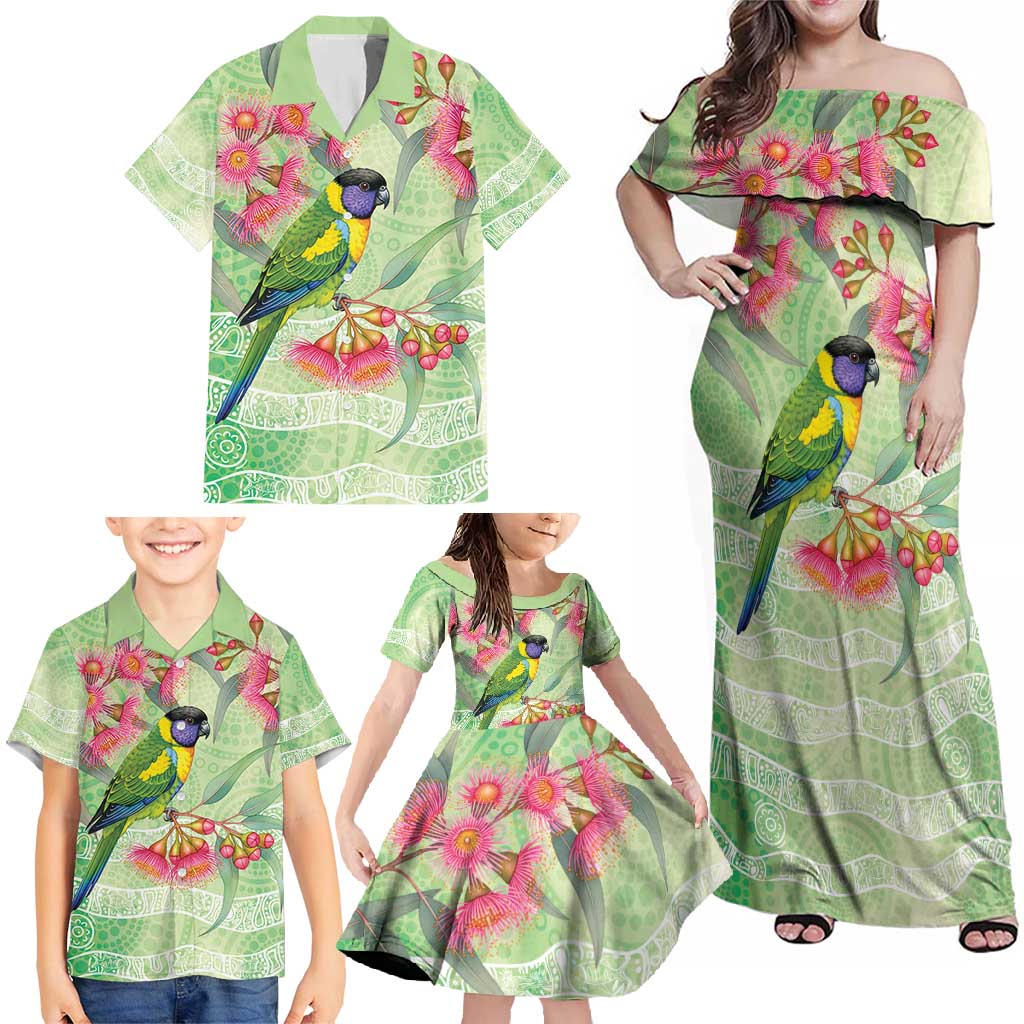 Australian Rainbow Lorikeet and Eucalyptus Family Matching Off Shoulder Maxi Dress and Hawaiian Shirt Spirit of Aussie Aboriginal Dot Art - Aussie Hoodie
