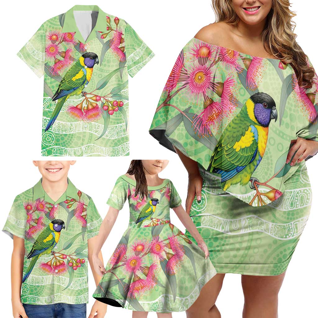 Australian Rainbow Lorikeet and Eucalyptus Family Matching Off Shoulder Short Dress and Hawaiian Shirt Spirit of Aussie Aboriginal Dot Art - Aussie Hoodie