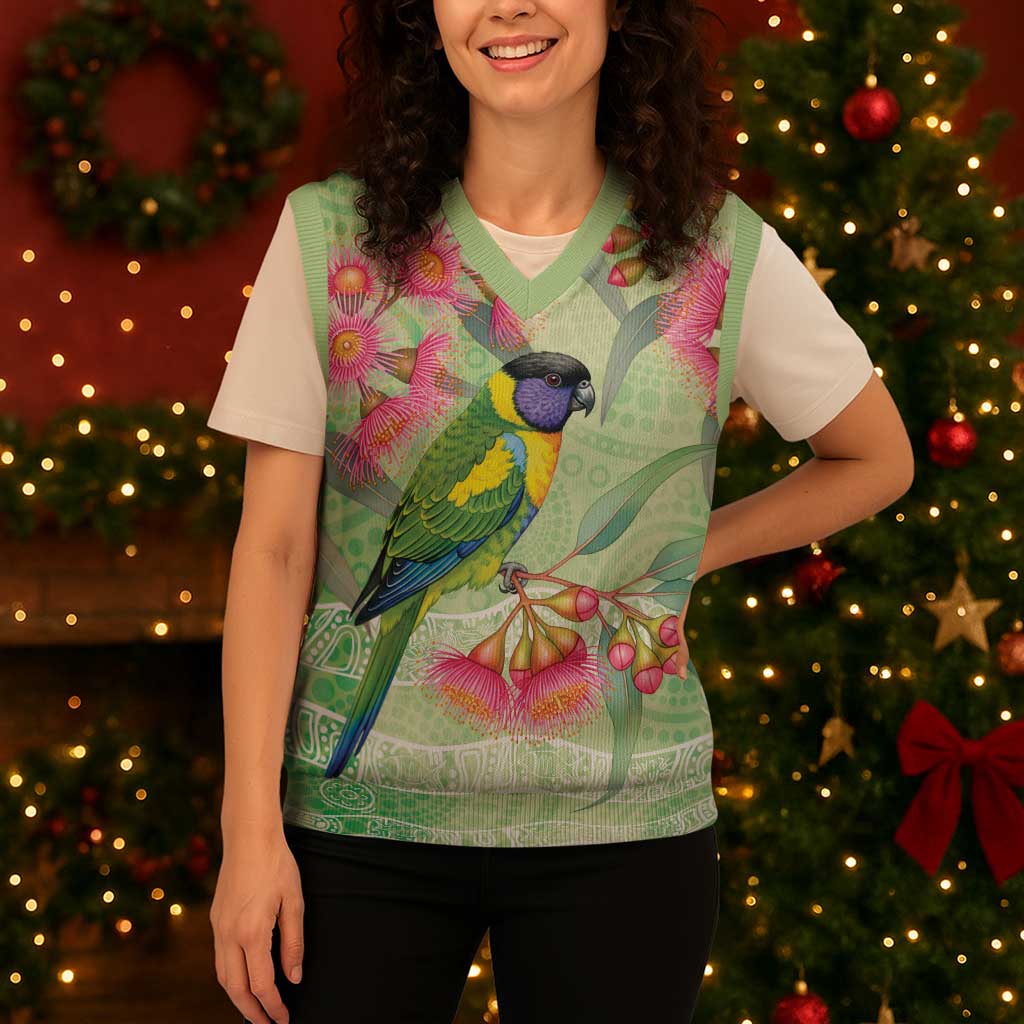 Australian Rainbow Lorikeet and Eucalyptus Christmas Knitted V-Neck Vest Spirit of Aussie Aboriginal Dot Art - Aussie Hoodie