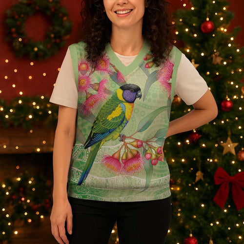 Australian Rainbow Lorikeet and Eucalyptus Christmas Knitted V-Neck Vest Spirit of Aussie Aboriginal Dot Art - Aussie Hoodie