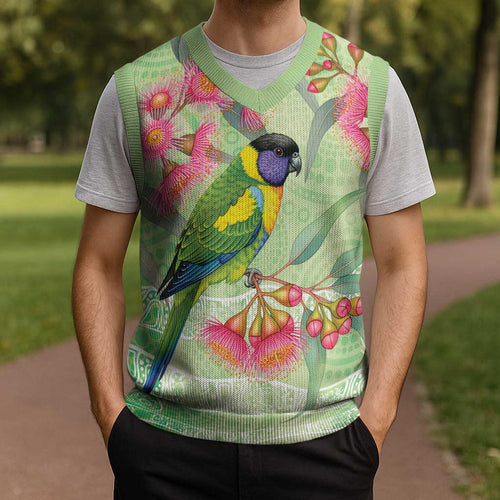 Australian Rainbow Lorikeet and Eucalyptus Christmas Knitted V-Neck Vest Spirit of Aussie Aboriginal Dot Art - Aussie Hoodie