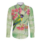 Australian Rainbow Lorikeet and Eucalyptus Long Sleeve Button Shirt Spirit of Aussie Aboriginal Dot Art - Aussie Hoodie