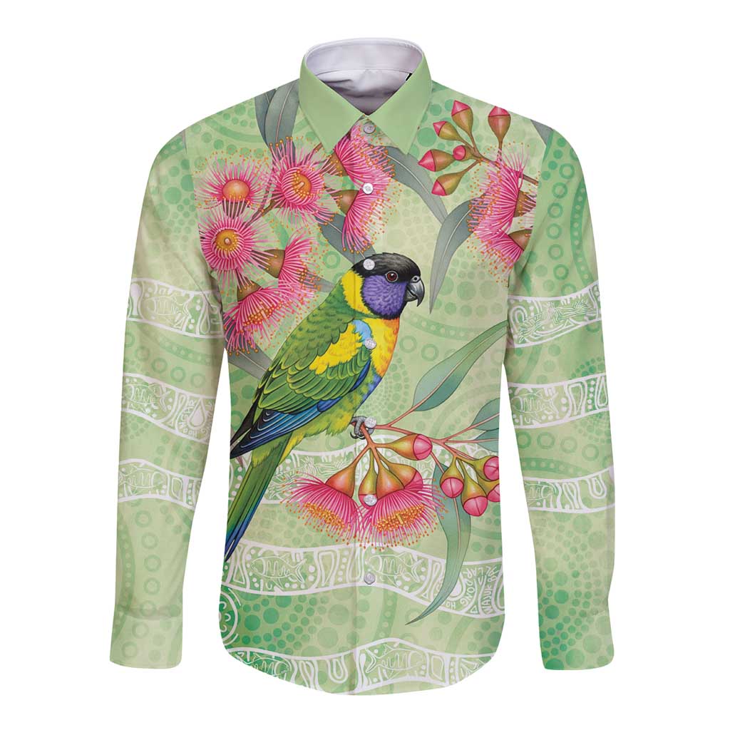Australian Rainbow Lorikeet and Eucalyptus Long Sleeve Button Shirt Spirit of Aussie Aboriginal Dot Art - Aussie Hoodie