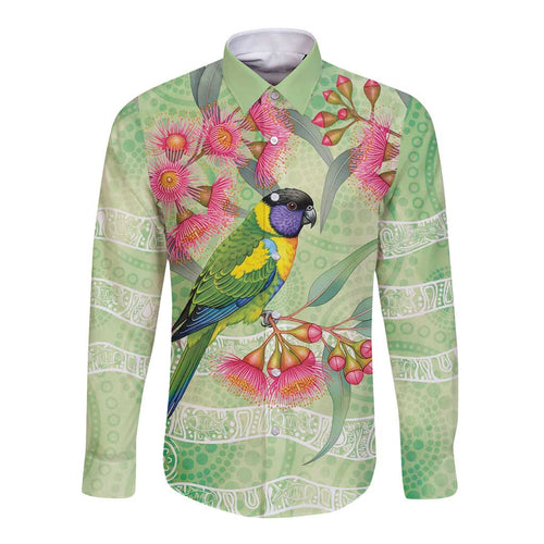 Australian Rainbow Lorikeet and Eucalyptus Long Sleeve Button Shirt Spirit of Aussie Aboriginal Dot Art - Aussie Hoodie