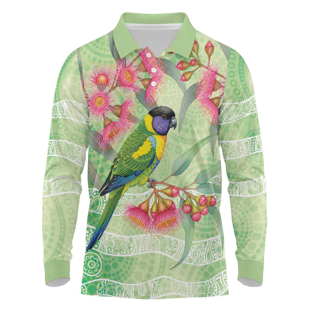 Australian Rainbow Lorikeet and Eucalyptus Long Sleeve Polo Shirt Spirit of Aussie Aboriginal Dot Art - Aussie Hoodie