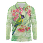 Australian Rainbow Lorikeet and Eucalyptus Long Sleeve Polo Shirt Spirit of Aussie Aboriginal Dot Art - Aussie Hoodie