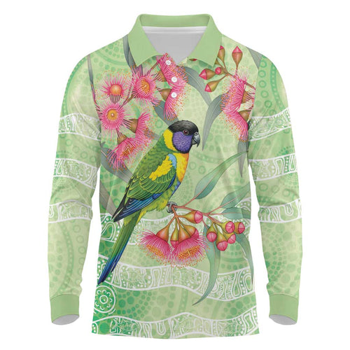 Australian Rainbow Lorikeet and Eucalyptus Long Sleeve Polo Shirt Spirit of Aussie Aboriginal Dot Art - Aussie Hoodie