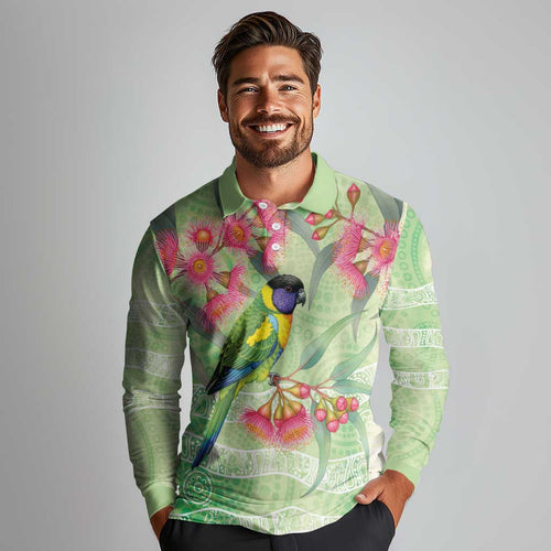 Australian Rainbow Lorikeet and Eucalyptus Long Sleeve Polo Shirt Spirit of Aussie Aboriginal Dot Art - Aussie Hoodie