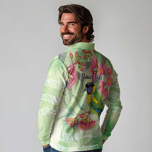 Australian Rainbow Lorikeet and Eucalyptus Long Sleeve Polo Shirt Spirit of Aussie Aboriginal Dot Art - Aussie Hoodie