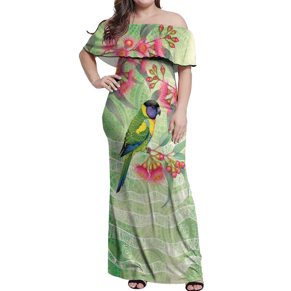Australian Rainbow Lorikeet and Eucalyptus Off Shoulder Maxi Dress Spirit of Aussie Aboriginal Dot Art - Aussie Hoodie