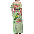 Australian Rainbow Lorikeet and Eucalyptus Off Shoulder Maxi Dress Spirit of Aussie Aboriginal Dot Art - Aussie Hoodie
