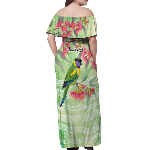 Australian Rainbow Lorikeet and Eucalyptus Off Shoulder Maxi Dress Spirit of Aussie Aboriginal Dot Art - Aussie Hoodie