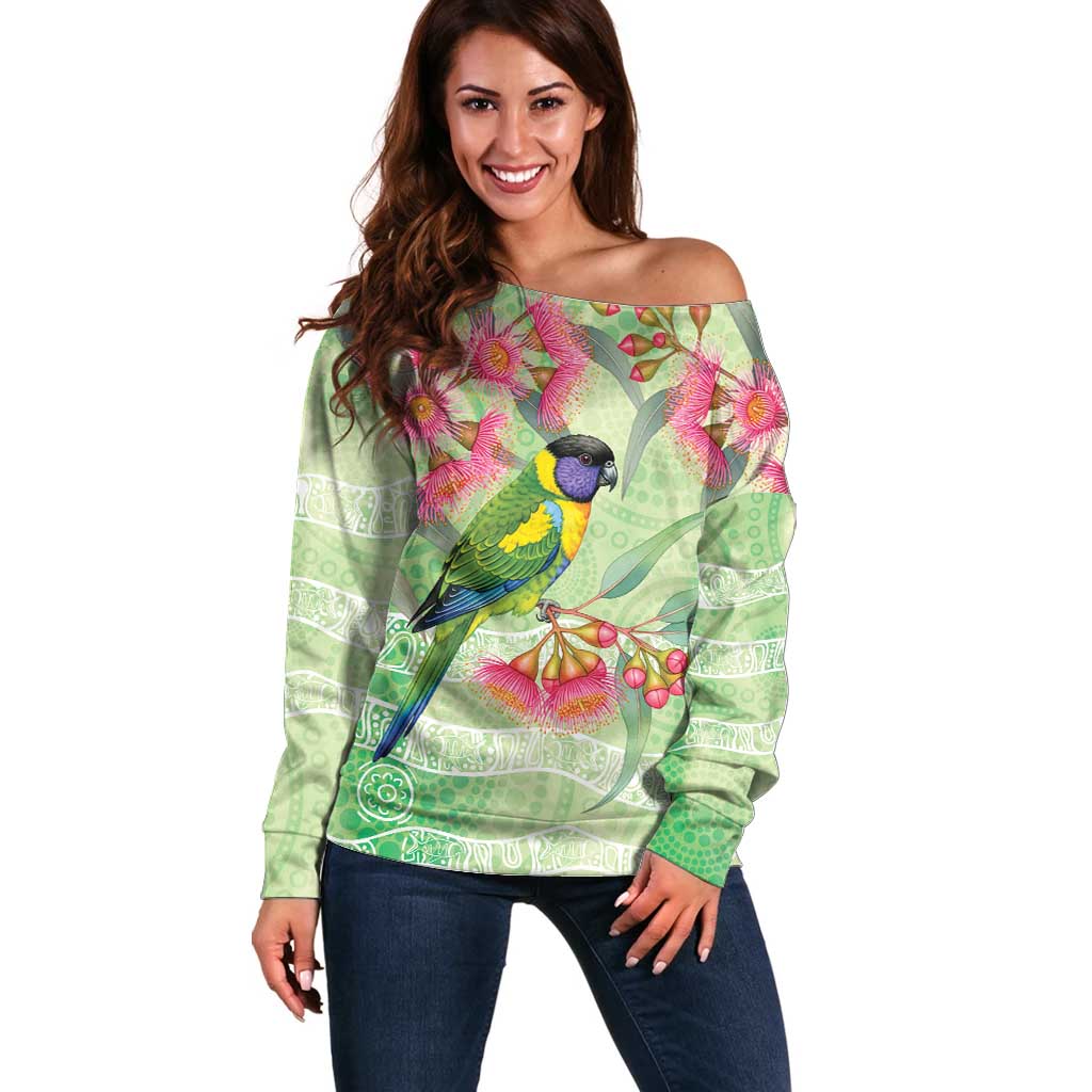Australian Rainbow Lorikeet and Eucalyptus Off Shoulder Sweater Spirit of Aussie Aboriginal Dot Art - Aussie Hoodie