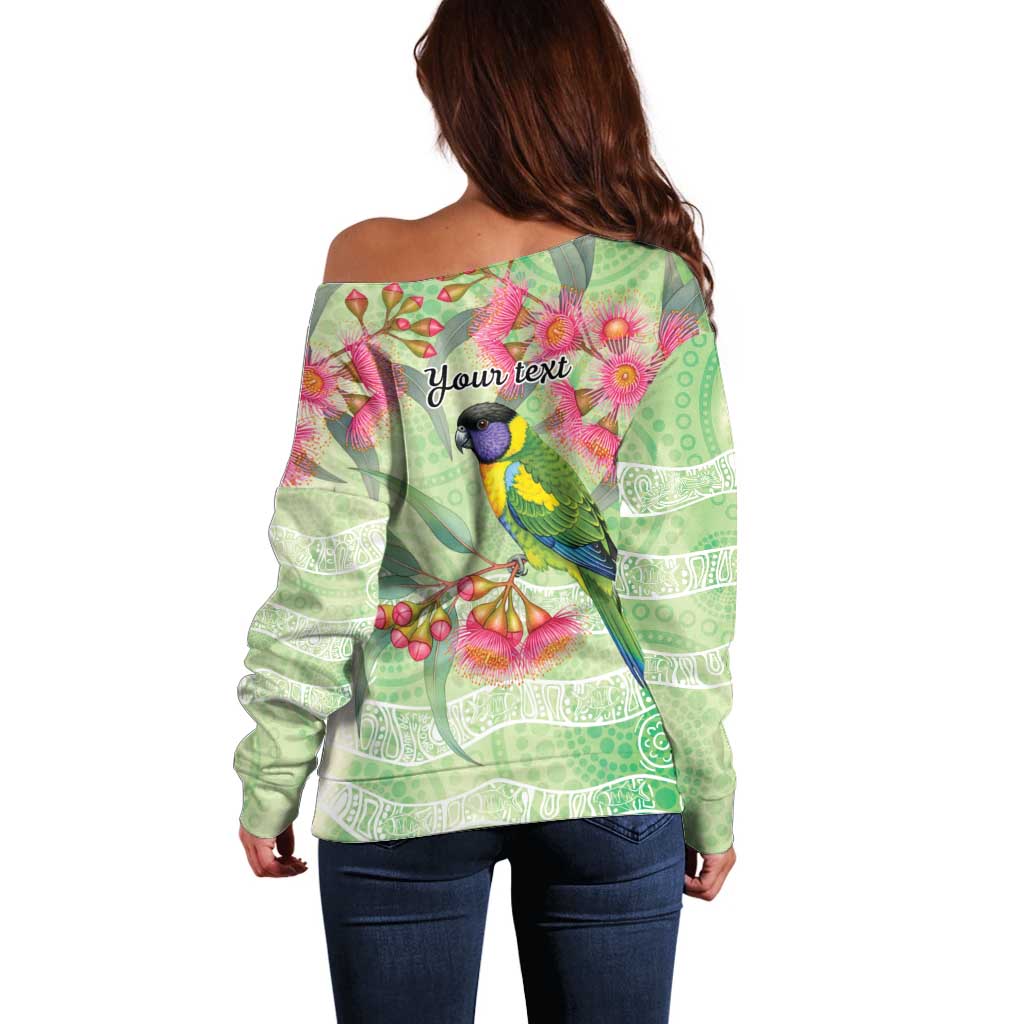 Australian Rainbow Lorikeet and Eucalyptus Off Shoulder Sweater Spirit of Aussie Aboriginal Dot Art - Aussie Hoodie