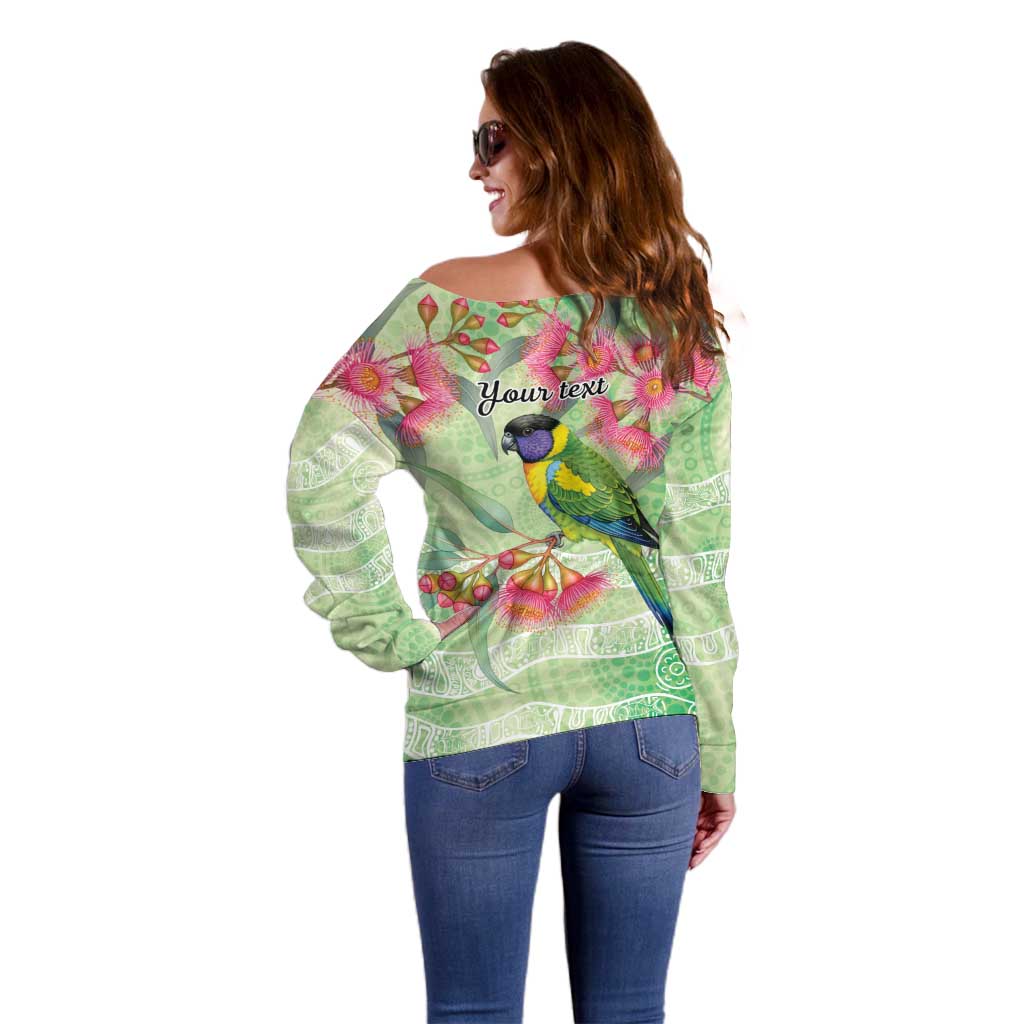 Australian Rainbow Lorikeet and Eucalyptus Off Shoulder Sweater Spirit of Aussie Aboriginal Dot Art - Aussie Hoodie