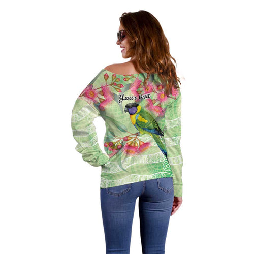 Australian Rainbow Lorikeet and Eucalyptus Off Shoulder Sweater Spirit of Aussie Aboriginal Dot Art - Aussie Hoodie
