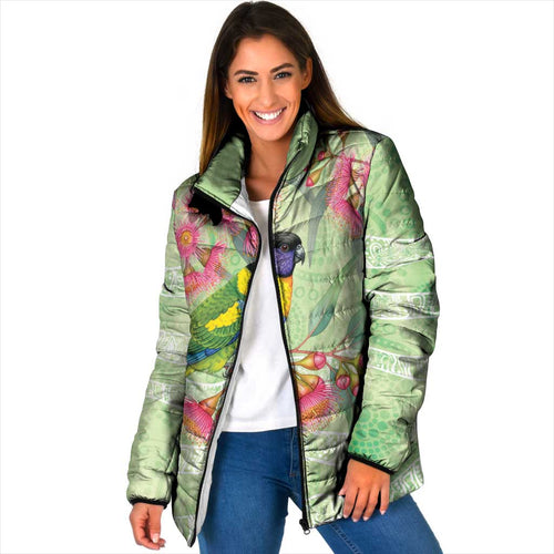 Australian Rainbow Lorikeet and Eucalyptus Padded Jacket Spirit of Aussie Aboriginal Dot Art - Aussie Hoodie
