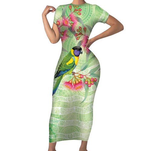 Australian Rainbow Lorikeet and Eucalyptus Short Sleeve Bodycon Dress Spirit of Aussie Aboriginal Dot Art - Aussie Hoodie