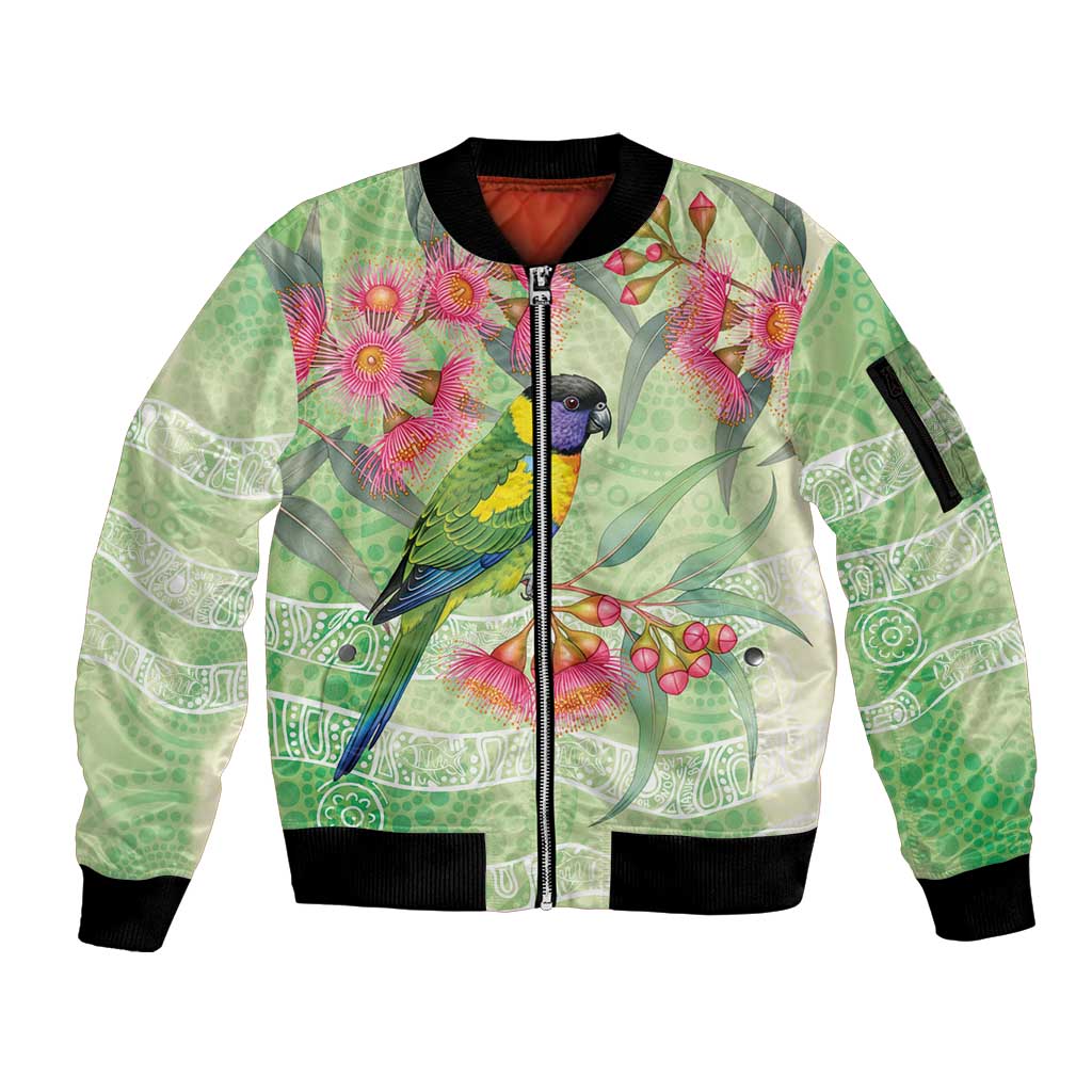 Australian Rainbow Lorikeet and Eucalyptus Sleeve Zip Bomber Jacket Spirit of Aussie Aboriginal Dot Art - Aussie Hoodie