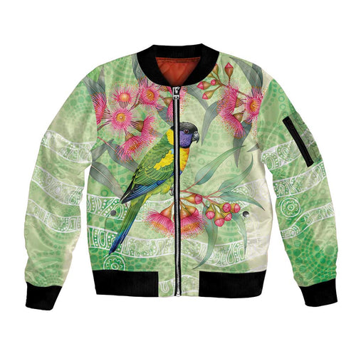 Australian Rainbow Lorikeet and Eucalyptus Sleeve Zip Bomber Jacket Spirit of Aussie Aboriginal Dot Art - Aussie Hoodie