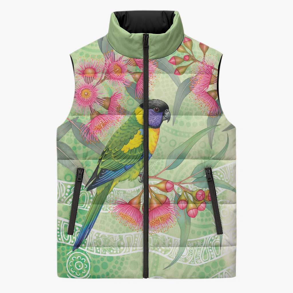 Australian Rainbow Lorikeet and Eucalyptus Sleeveless Puffer Jacket Spirit of Aussie Aboriginal Dot Art - Aussie Hoodie