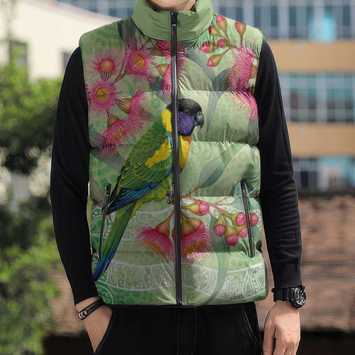 Australian Rainbow Lorikeet and Eucalyptus Sleeveless Puffer Jacket Spirit of Aussie Aboriginal Dot Art - Aussie Hoodie