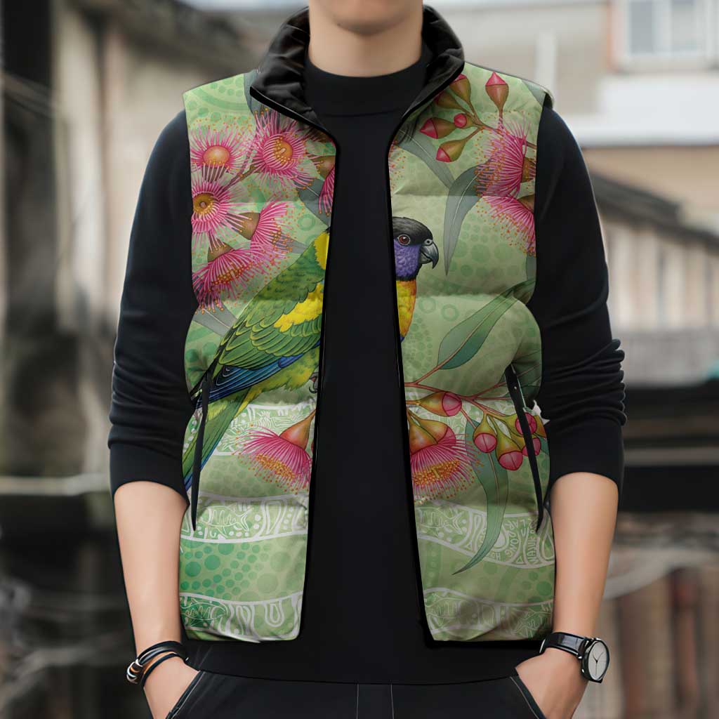 Australian Rainbow Lorikeet and Eucalyptus Sleeveless Puffer Jacket Spirit of Aussie Aboriginal Dot Art - Aussie Hoodie