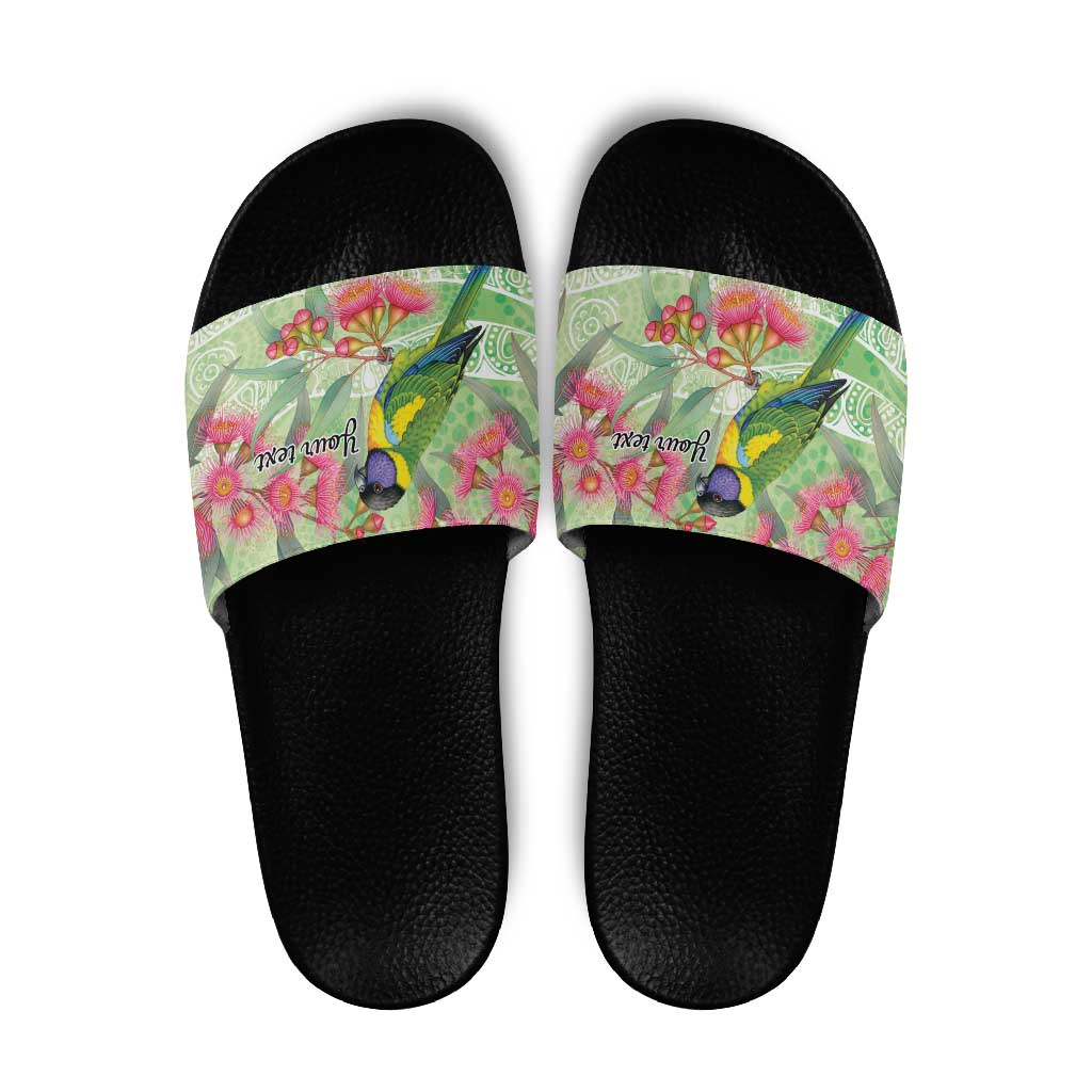 Australian Rainbow Lorikeet and Eucalyptus Slide Sandals Spirit of Aussie Aboriginal Dot Art - Aussie Hoodie