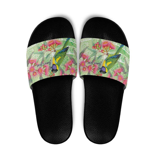 Australian Rainbow Lorikeet and Eucalyptus Slide Sandals Spirit of Aussie Aboriginal Dot Art - Aussie Hoodie