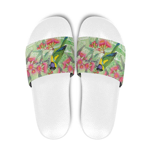 Australian Rainbow Lorikeet and Eucalyptus Slide Sandals Spirit of Aussie Aboriginal Dot Art - Aussie Hoodie