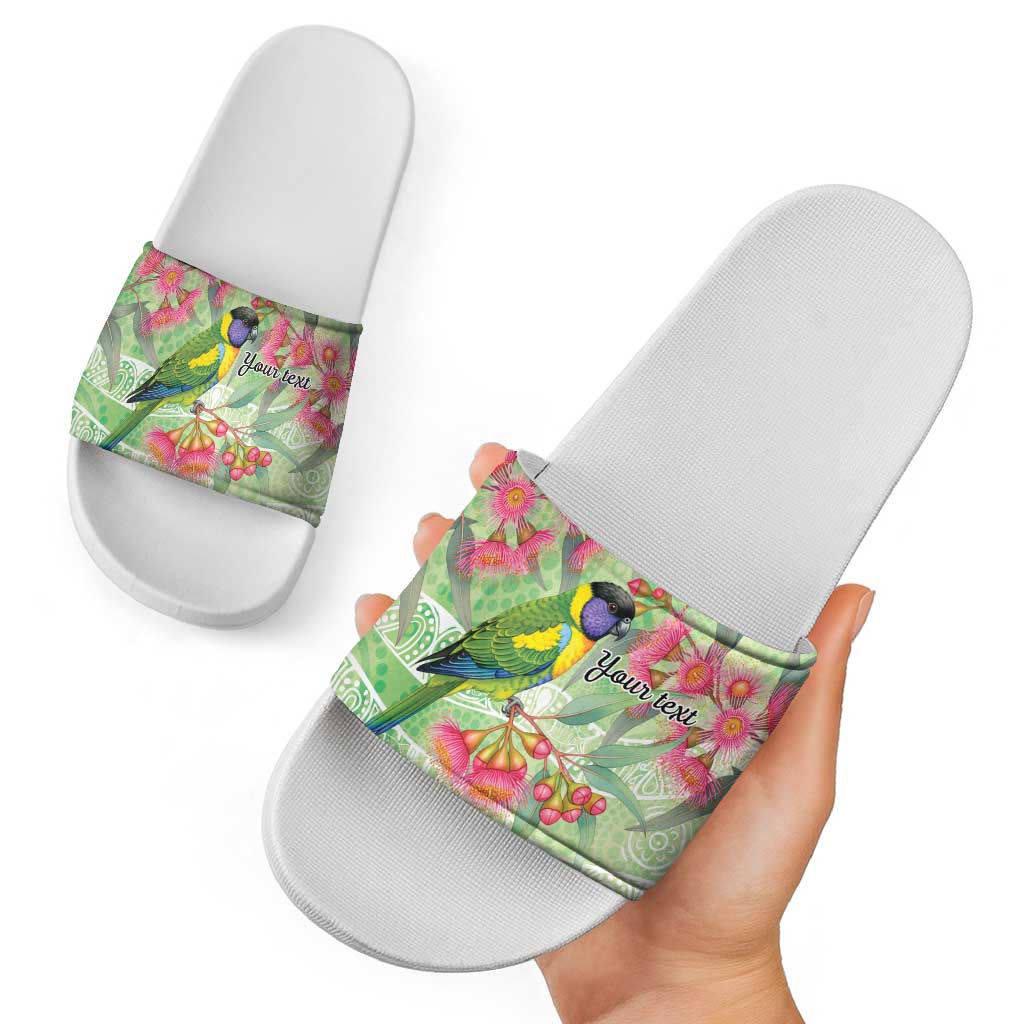 Australian Rainbow Lorikeet and Eucalyptus Slide Sandals Spirit of Aussie Aboriginal Dot Art - Aussie Hoodie
