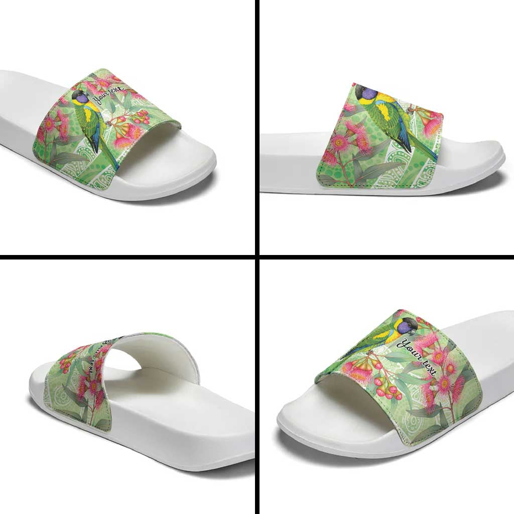 Australian Rainbow Lorikeet and Eucalyptus Slide Sandals Spirit of Aussie Aboriginal Dot Art - Aussie Hoodie